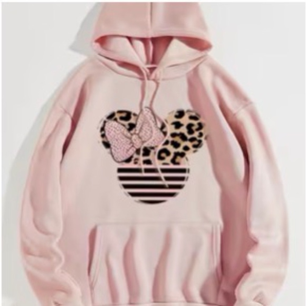 Pink Hoodie with Leopard and Striped Minnie Mouse Design